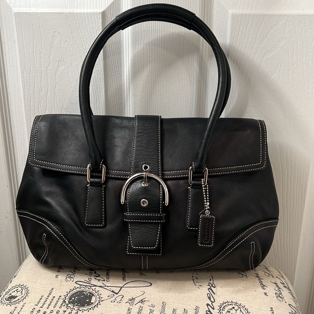 Genuine COACH Ladies Y2K Leather Top Handle Satchel. Black w/Silver Hardware.EUC